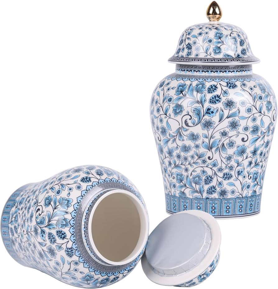 Chinoiserie Premium Elegance Series- Set of 2 Blue and White Porcelain Ginger Jars, Traditional C... | Amazon (US)