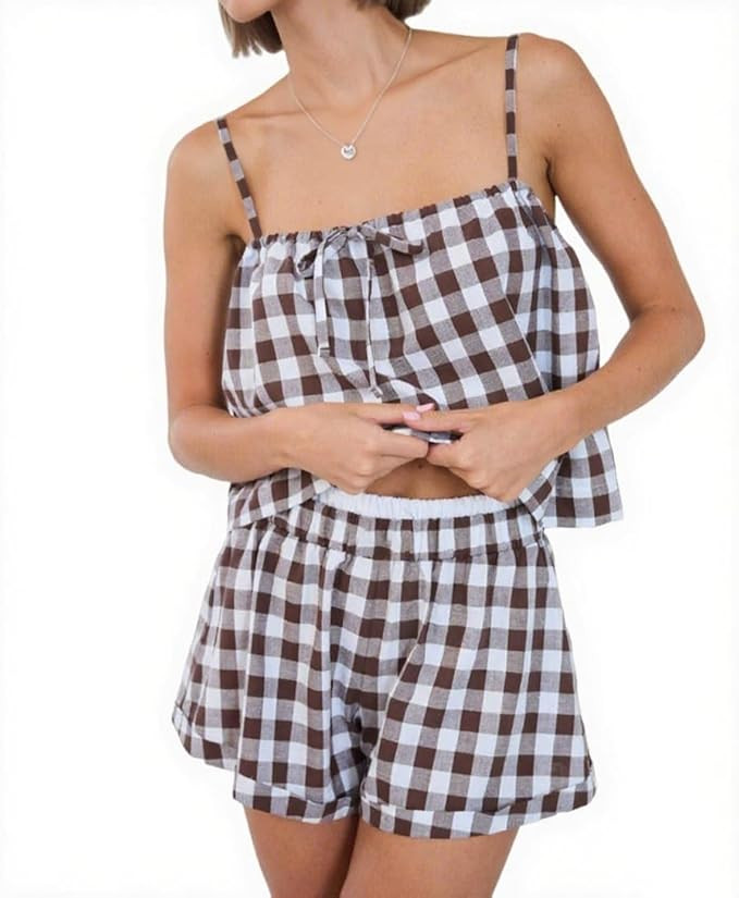 Womens Y2k 2 Piece Gingham Set Cami Top and Shorts Pajama Sets Summer Outfits | Amazon (US)