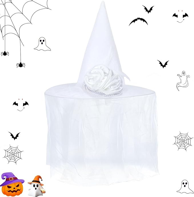 Panitay Halloween Bride Witch Hat White Witches Hat with Veil Flower Feather Accessories Witch Co... | Amazon (US)