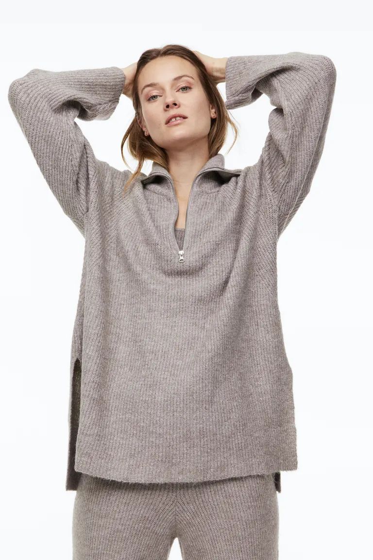 Rib-knit Half-zip Sweater - Dark taupe - Ladies | H&M US | H&M (US + CA)