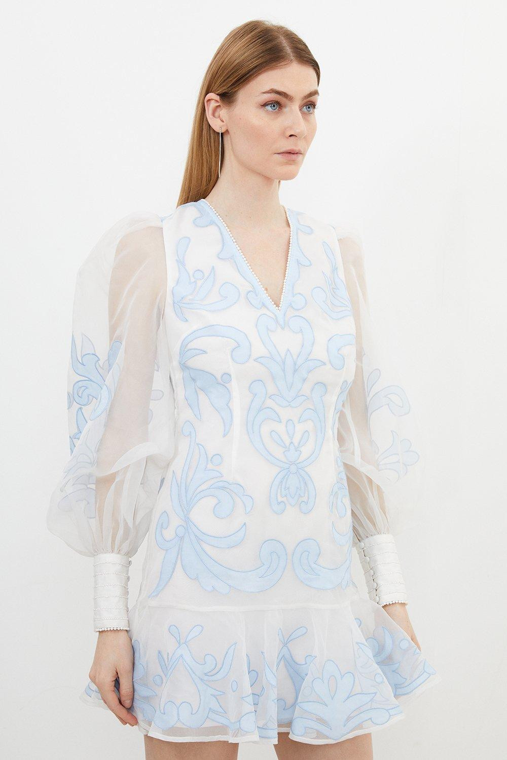 Applique Organdie Buttoned Woven Mini Dress | Karen Millen US