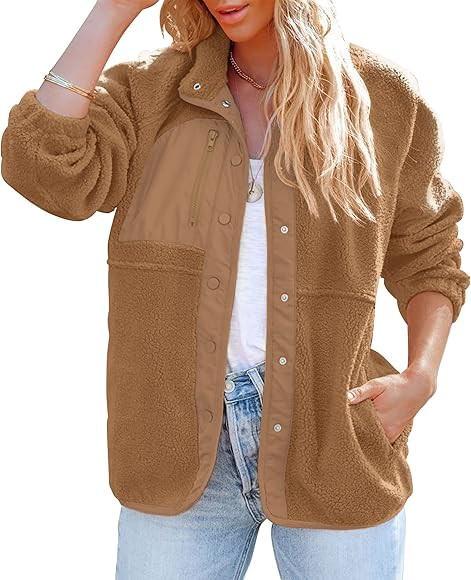 ZESICA Women's Fall Winter Sherpa Fleece Jacket Casual Long Sleeve Button Down Fuzzy Shacket Oute... | Amazon (US)