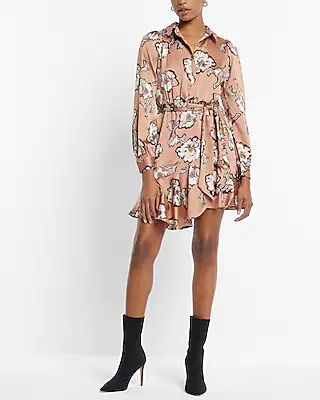 Satin Floral Print Collared Tie Waist Ruffle Mini Shirt Dress | Express