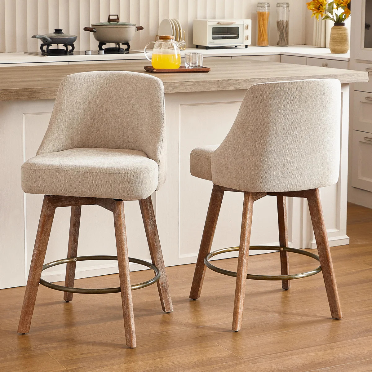 Mid Century Modern Counter Height Bar Stools Set of 2,360\u00b0 Swivel Barstools with Solid Wood ... | Wayfair North America