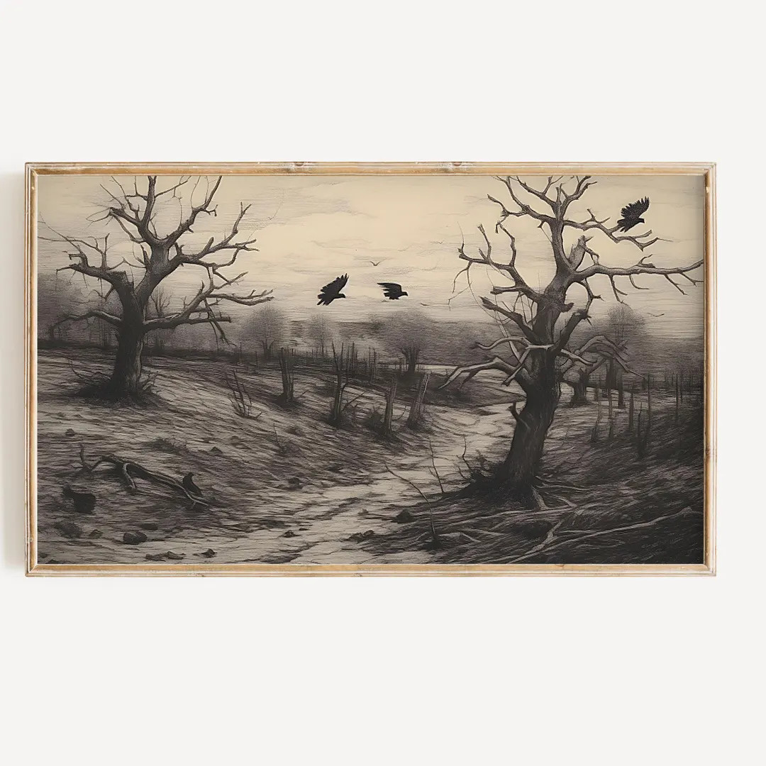 Frame Tv Art Halloween Crows Fall Digital Download, Spooky Black & White Autumn Charcoal Download... | Etsy (US)
