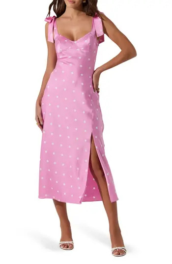 ASTR the Label Bow Strap Satin Dress in Pink Dot at Nordstrom Rack, Size Large | Nordstrom Rack