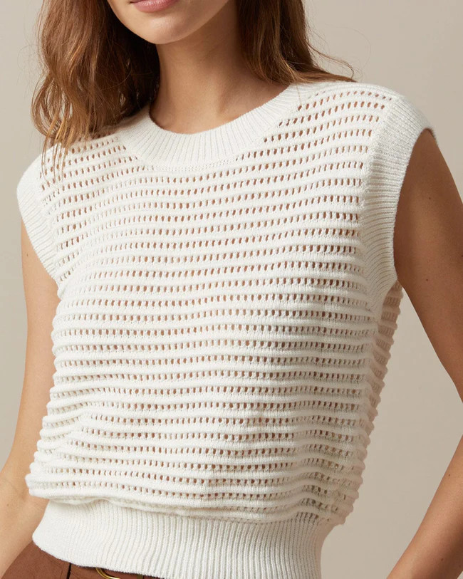 The Beige Sleeveless Pointelle Ribbed Knit Vest - Women's Beige Vest Casual Top - Beige - Tops | ... | rihoas.com
