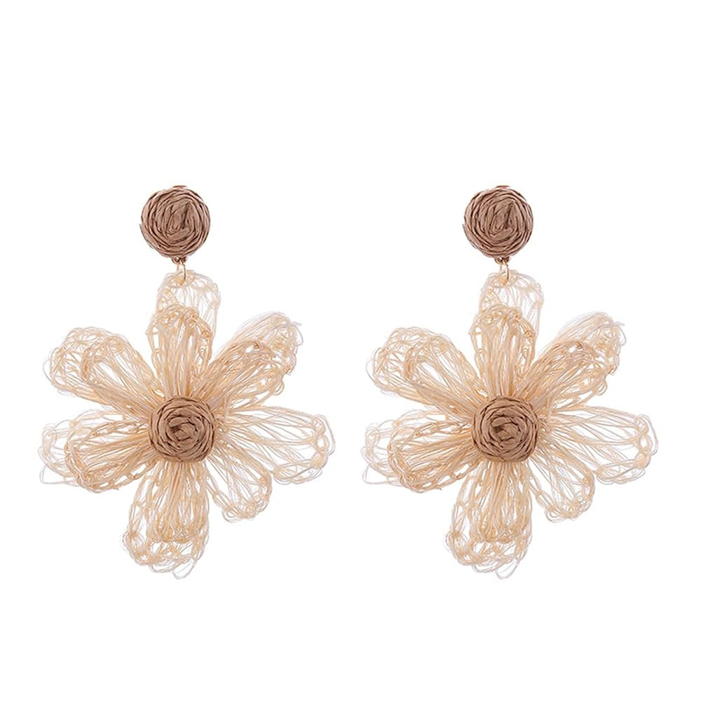 Raffia Flower Earrings – Handmade Rattan Flower Earrings Bohemia Statement Drop Fringe Earrings... | Amazon (US)
