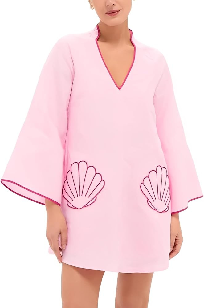 VAOYIU Summer Dresses for Women Loose Fit V-Neck Shell Embroidery Mini Dress Boho 3/4 Casual Slee... | Amazon (US)