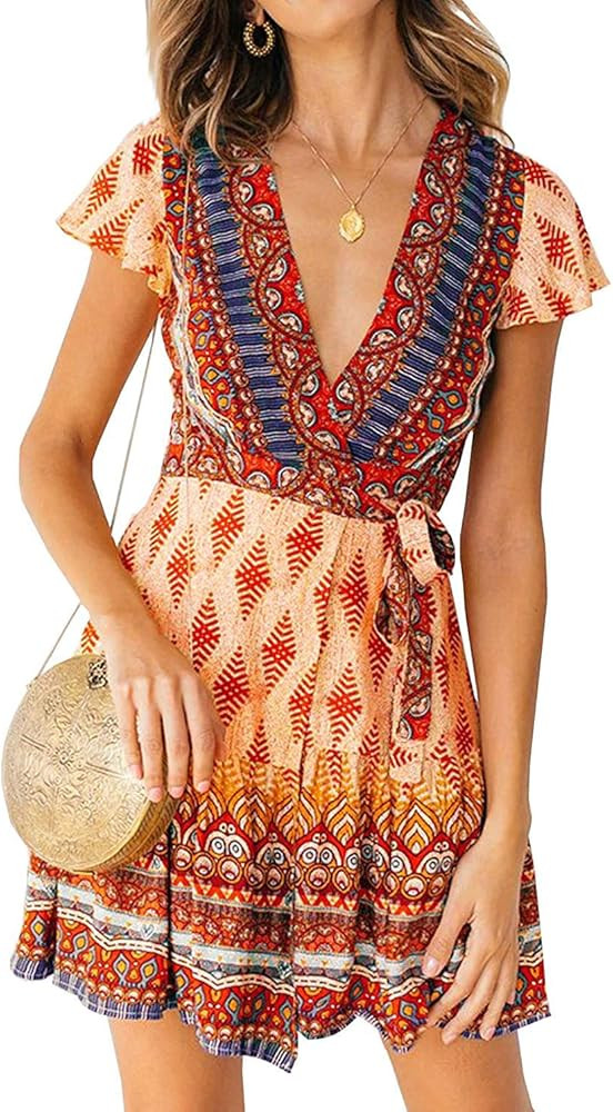 ZESICA Women’s Summer Wrap V Neck Bohemian Floral Print Ruffle Swing A Line Beach Mini Dress | Amazon (US)