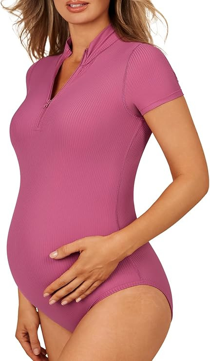Summer Mae Women's Maternity Zipper Bodysuit Pregnancy Ribbed Romper Short Sleeve Casual Summer C... | Amazon (US)