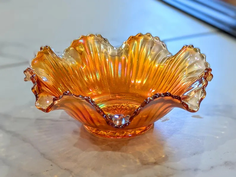 Vintage Carnival Glass Candy Dish - 1960s Iridescent Orange Ruffled Bowl | Etsy (Global)