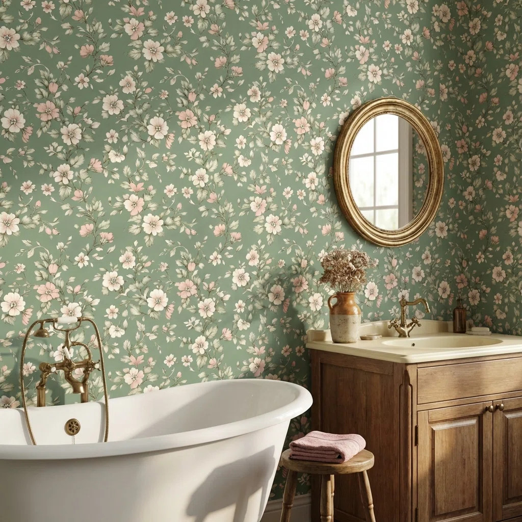 Vintage Wallpaper Floral Peel And Stick Green Wall Mural | Wayfair North America