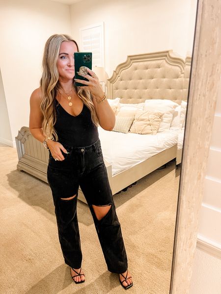 Top - Medium | Denim - Medium | 5’2” 145 lbs  

Date Night | Amazon Fashion | Bodysuit | Black Bodysuit | Black Denim | High Waisted | Ripped Denim | Loose Denim | All Black Look | Gold Jewelry 

#LTKfindsunder50 #LTKstyletip #LTKshoecrush