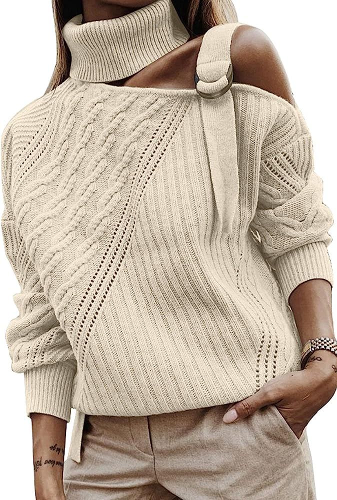 Astylish Womens Long Sleeve Cold Shoulder Turtleneck Knit Sweater Pullover Jumper Tops(S-XXL) | Amazon (US)