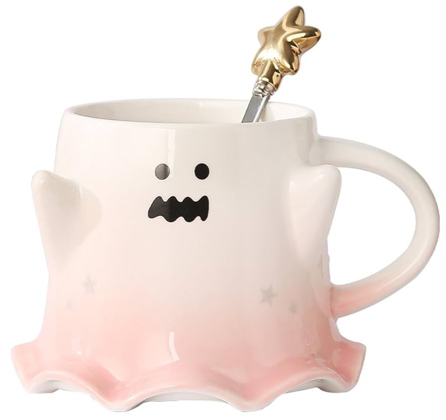Novelty Tea Cup, Ceramic 15.5oz Halloween Coffee Mug with Spoon- Scary Ghost (Pink) | Amazon (US)