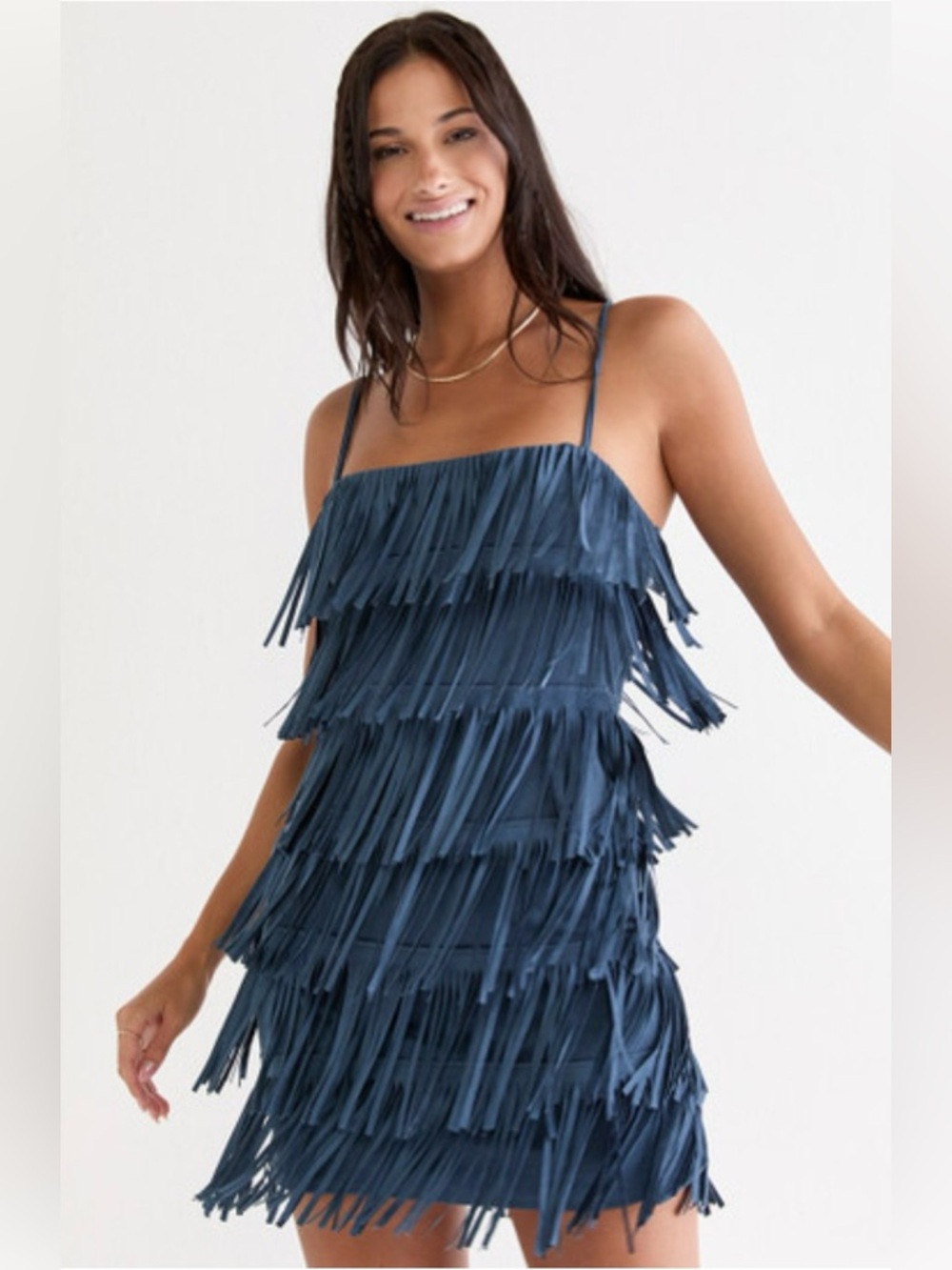 Fringe Tiered Mini Dress Size L Western Boho Festival Cowgirl Blue Suede | Poshmark