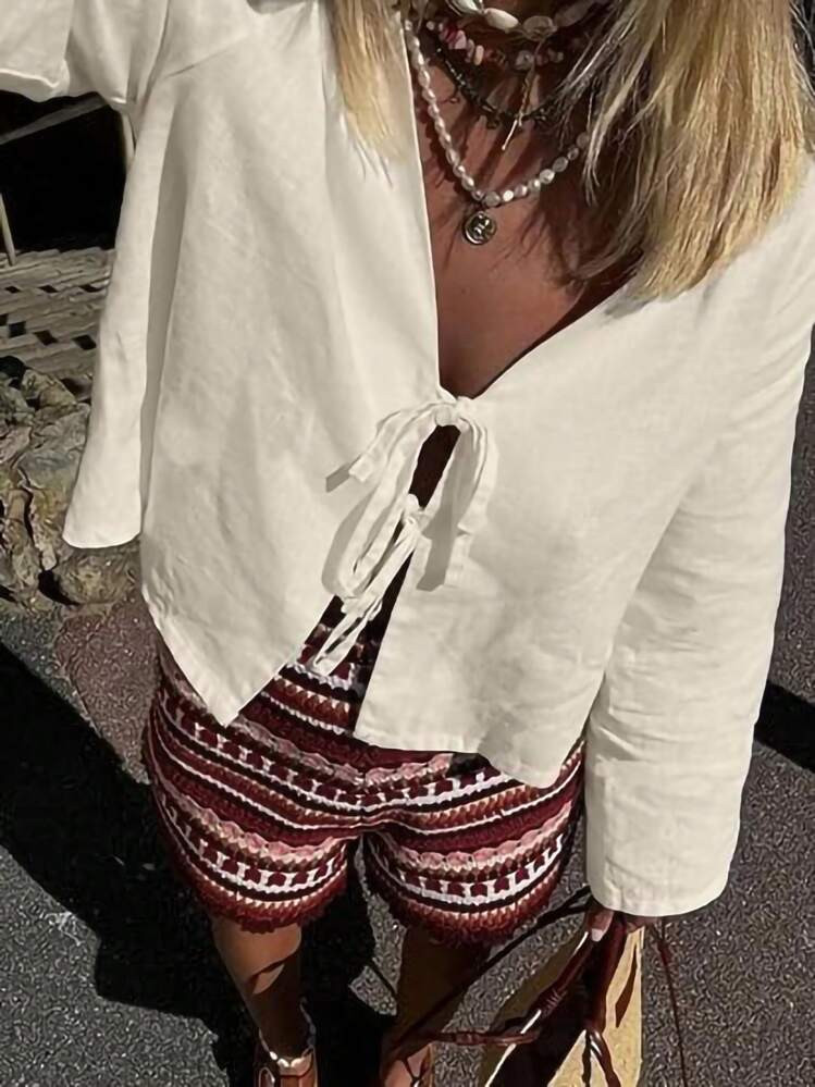 INAWLY Women's Plain Simple Casual Tie Front Long Sleeve Blouse, Fall Clothes Women Shirt | SHEIN