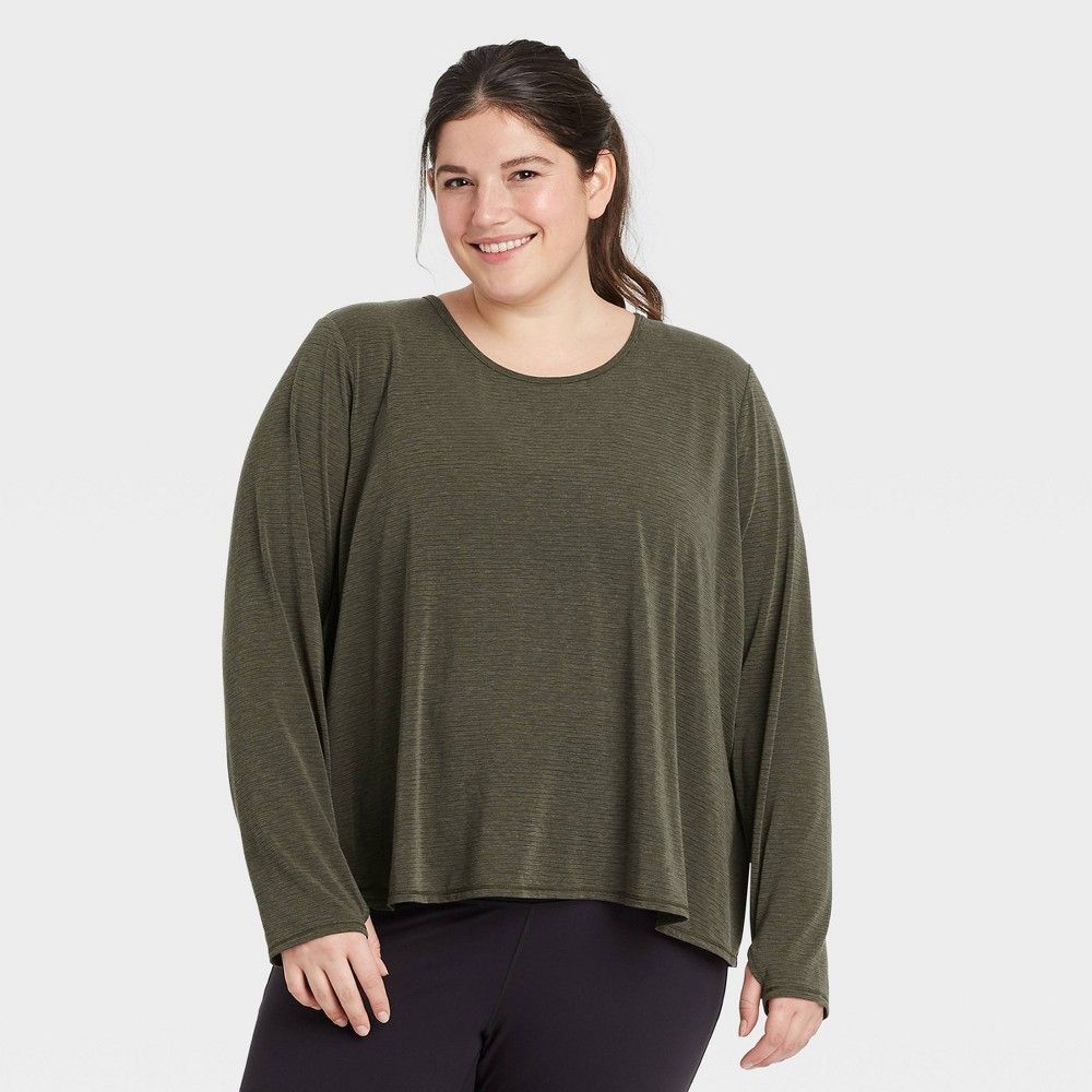 Women's Plus Size Long Sleeve Keyhole Back T-Shirt - All in Motion Green Olive 1X | Target