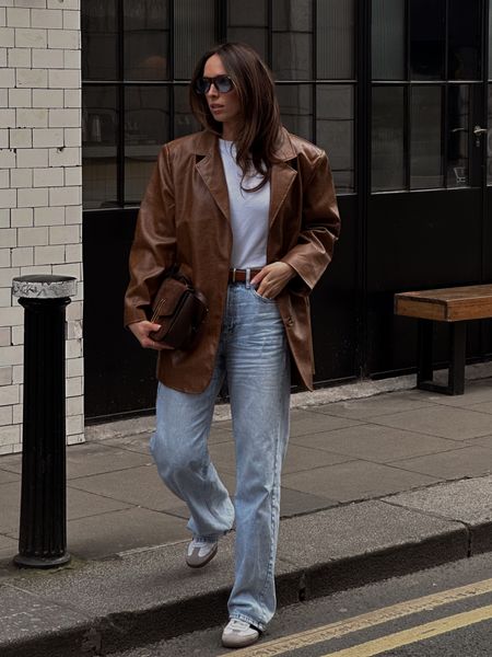 Vintage style blazer, adidas sambas, vintage sunglasses, white tee, tan belt, straight leg baggy jeans, demellier Vancouver bag, suede bag, brown suede bag, 

#LTKfindsunder100 #LTKitbag #LTKfindsunder50