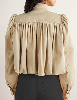 Womens Cropped Pleated Jacket Puff Long Sleeve Button Down Trench Coat Casual Outwear with Pocket... | Amazon (US)