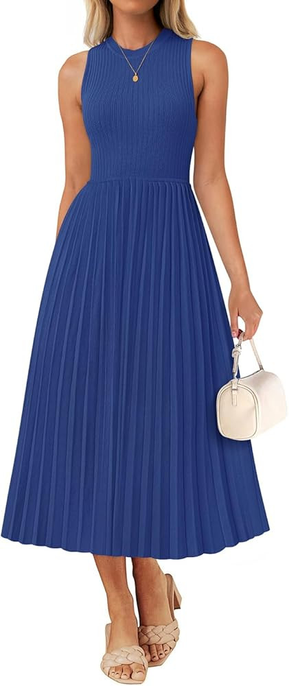 ZESICA Women's 2025 Summer Sleeveless Midi Dresses Crewneck Knit Pleated A Line Swing Casual Basi... | Amazon (US)