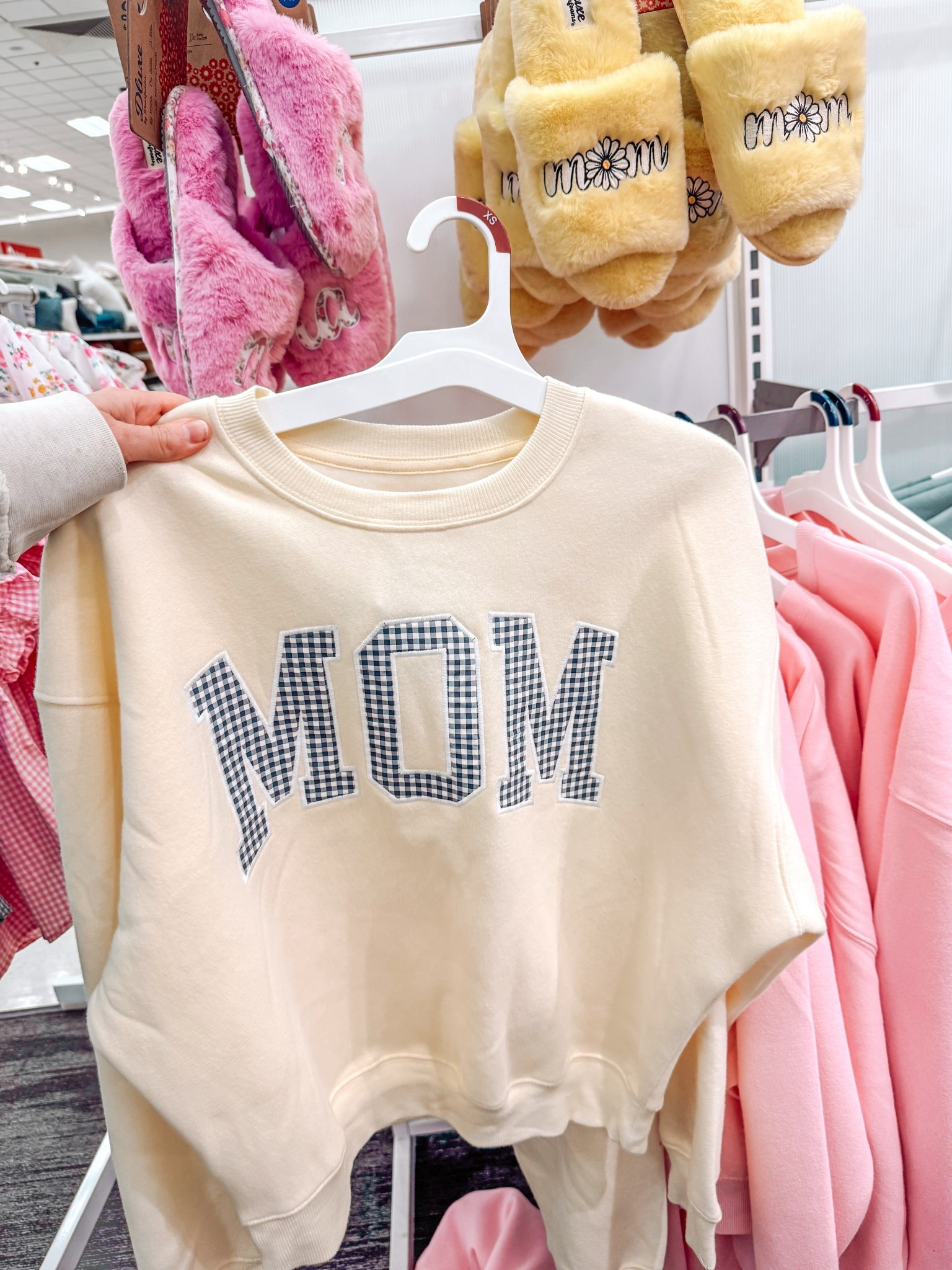 Plaid mom sweatshirt.  