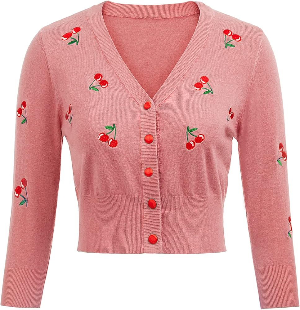 Belle Poque Women's 3/4 Sleeve V-Neck Button Down Cherries Embroidery Cropped Cardigan Sweater Co... | Amazon (US)