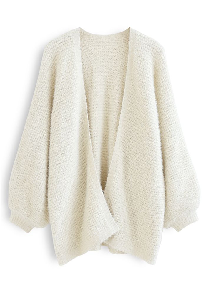 Fuzzy Open Front Waffle Knit Cardigan in Cream | Chicwish