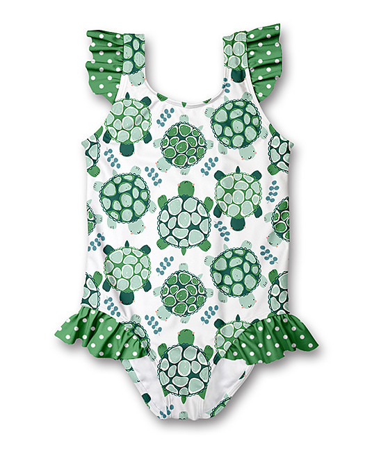 Millie Loves Lily Girls' One Piece Swimsuits Box - Green Box Turtle Ruffle-Accent One-Piece - Infant | Zulily