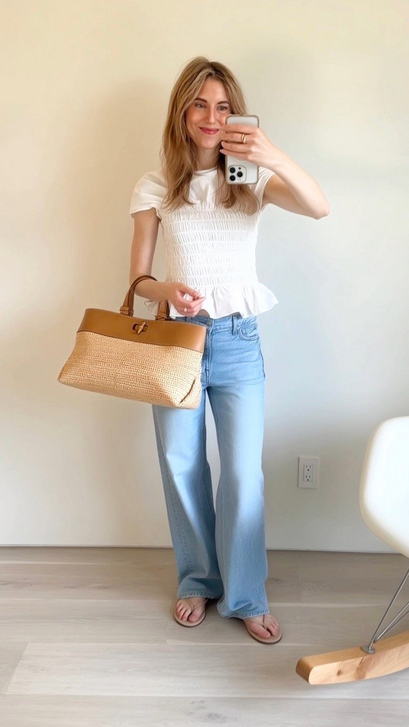 Light wash wide-leg jeans, raffia tote, flip flops – this top is as effortless to wear as a tee, but it adds so much polish. And the bag is flawless. I love a large east/west shape, but they tend to be heavy. This one's light. J.CREW, tuckernuck, hunting season, madewell, Nordstrom, helen kaminski, TKEES, pamela munson

#LTKootd