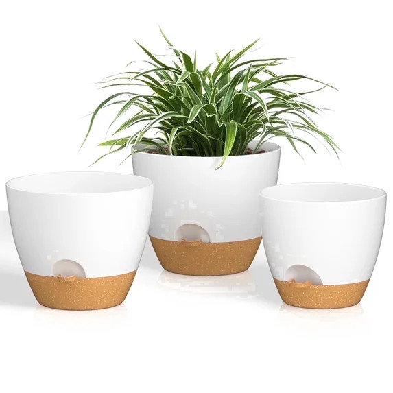 FIASON 3 Pack White Self-Watering Plant Pots, 8/9/10 Inch Plastic Planters with Watering Lip, Dra... | Walmart (US)