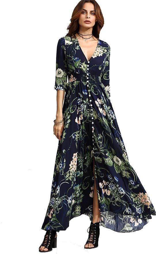 Milumia Women's Button Up Split Floral Print Flowy Party Maxi Dress | Amazon (US)