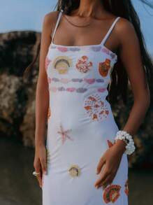 Women Starfish Shell Printed Maxi Dress Spaghetti Strap Scoop Neck Backless Bodycon Long Dress Y2... | SHEIN