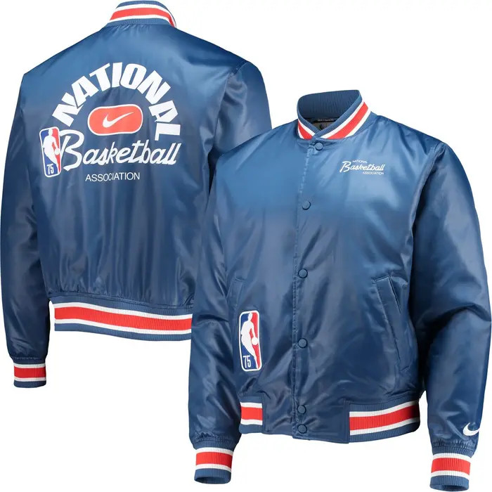 Nike Men's Nike Blue NBA 75th Anniversary Courtside Satin Full-Snap Jacket | Nordstrom | Nordstrom
