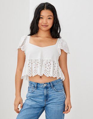 AE Ruffle Sleeve Babydoll Blouse | American Eagle Outfitters (US & CA)