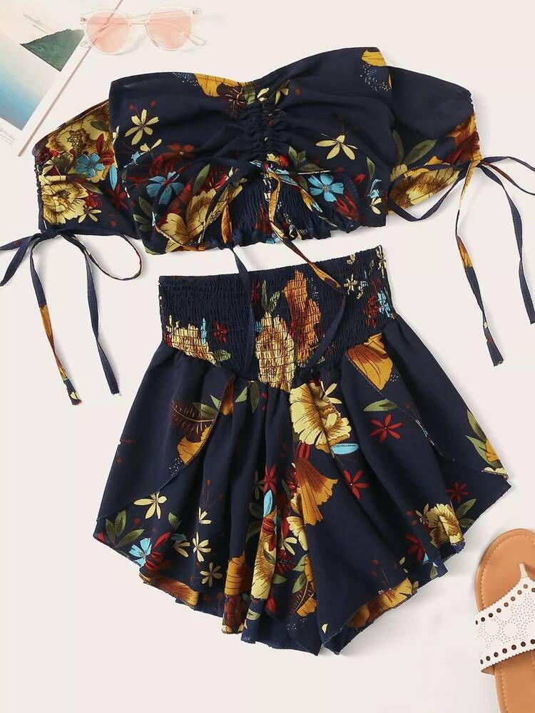 https://m.shein.com/us/Plus-Off-Shoulder-Floral-Print-Shirred-Top-With-Shorts-p-722322-cat-1928.html | SHEIN