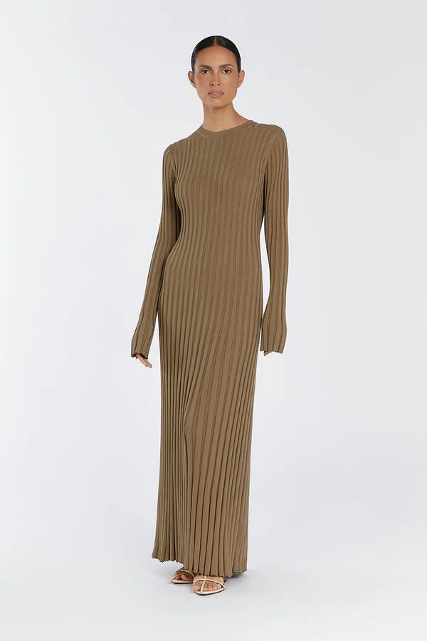 ADA KHAKI LONG SLEEVE MIDI DRESS | DISSH