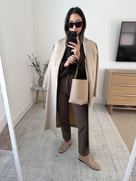 Brown neutral outfit. Coat and jeans are old, but linked similar. 

AYR coat xxs
Madewell sweater xs
Gap Jeans 25 short
Sam Edelman loafers 5
The Row tote small
Celine sunglasses  

#LTKitbag #LTKshoecrush #LTKSeasonal