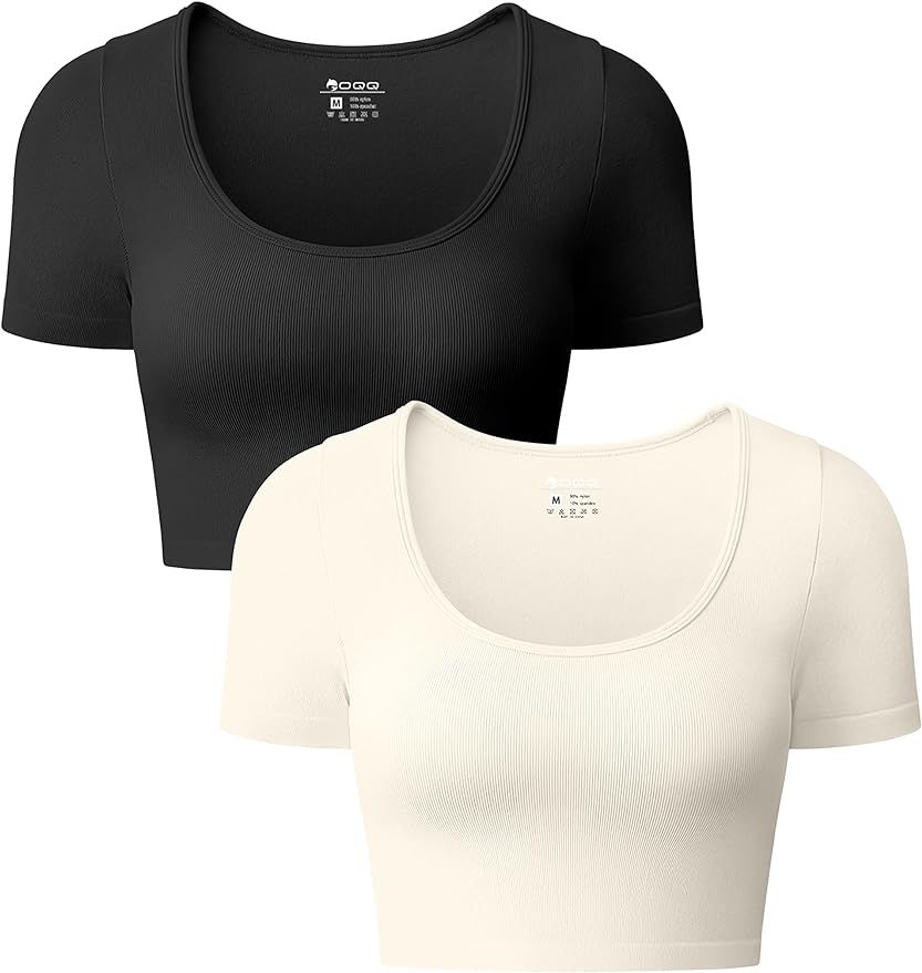 OQQ Women's 2 Piece Crop Tops Sexy Ribbed Seamless Short Sleeve Shirts Scoop Neck Top | Amazon (US)