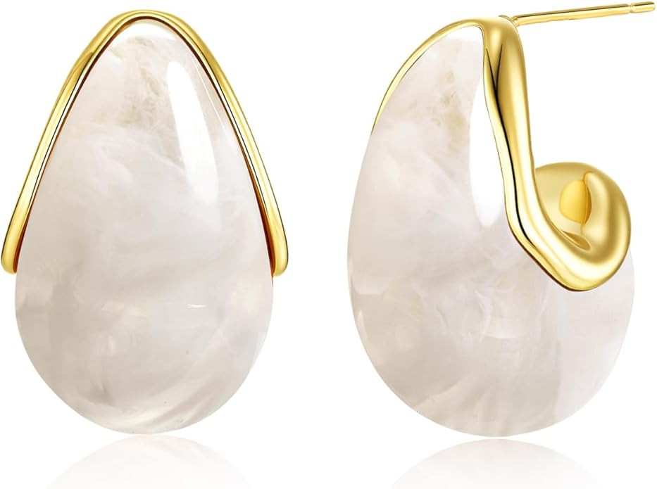 Oval C Shape Chunky Dangle 18K Gold Plated Hoops with Colored Resin Gemstone Statement Earrings f... | Amazon (US)