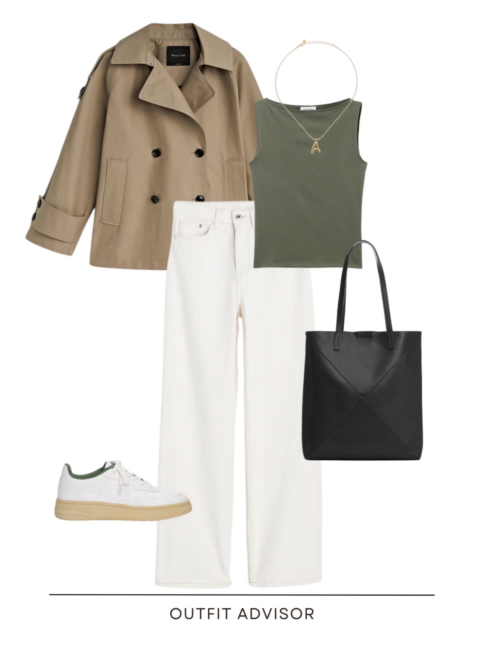 Chic spring outfit inspo: a cropped trench, olive green boat neck tops, white jeans, black bag, initial necklace and sneakers 

#LTKmidsize #LTKstyletip #LTKshoecrush
