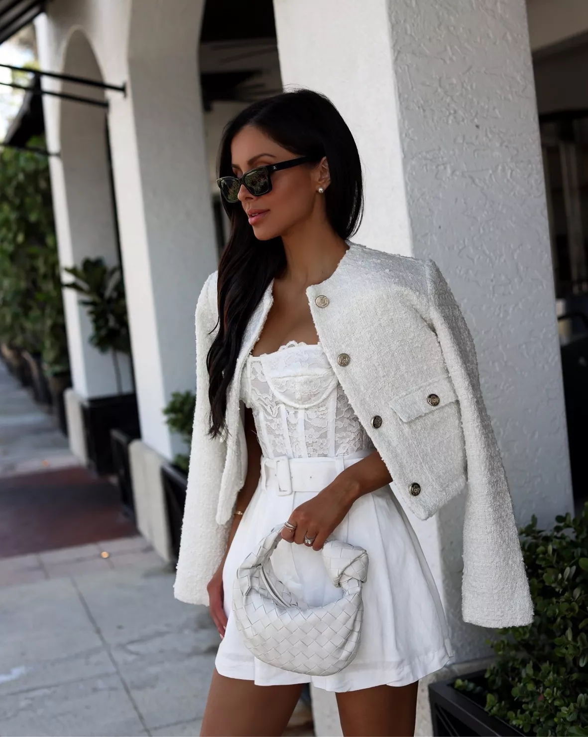 white tweed blazer outfit