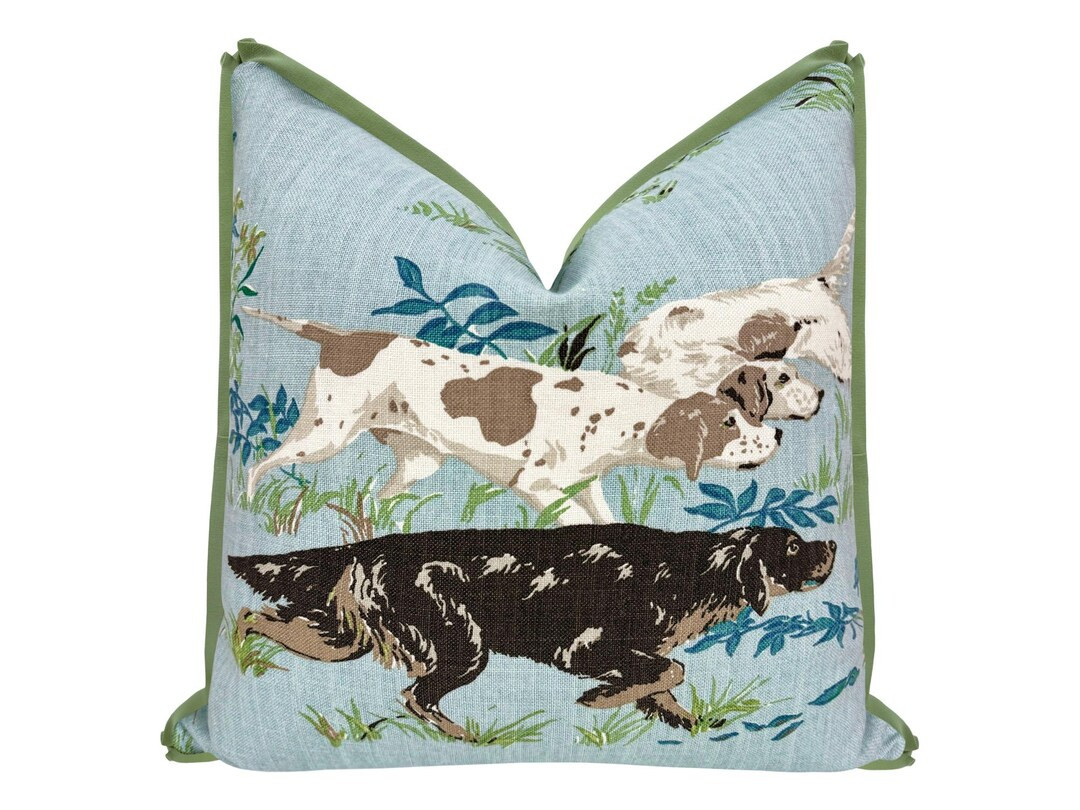 Schumacher Pointers // Sky Option A With Butterfly Flange Pillow | Designer Fabric | Animal Print... | Etsy (US)