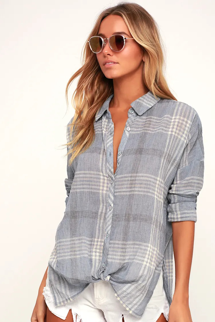 Arlow Light Blue Plaid Tie-Front Button-Up Top | Lulus (US)