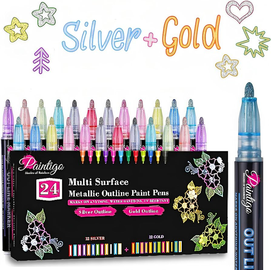 24 Double Line Outline Markers,Colors Super Squiggles Shimmer Outline Marker Set, Self Outline Me... | Amazon (US)