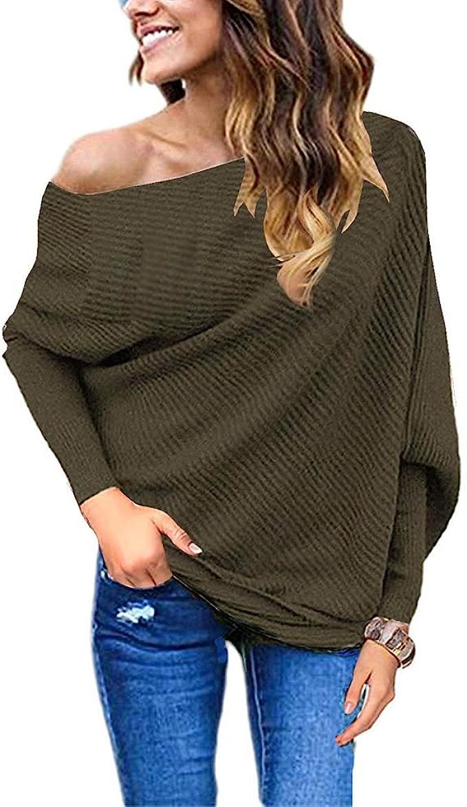 GOLDSTITCH Women's Off Shoulder Batwing Sleeve Loose Pullover Sweater Knit Jumper Oversized Tunic... | Amazon (US)