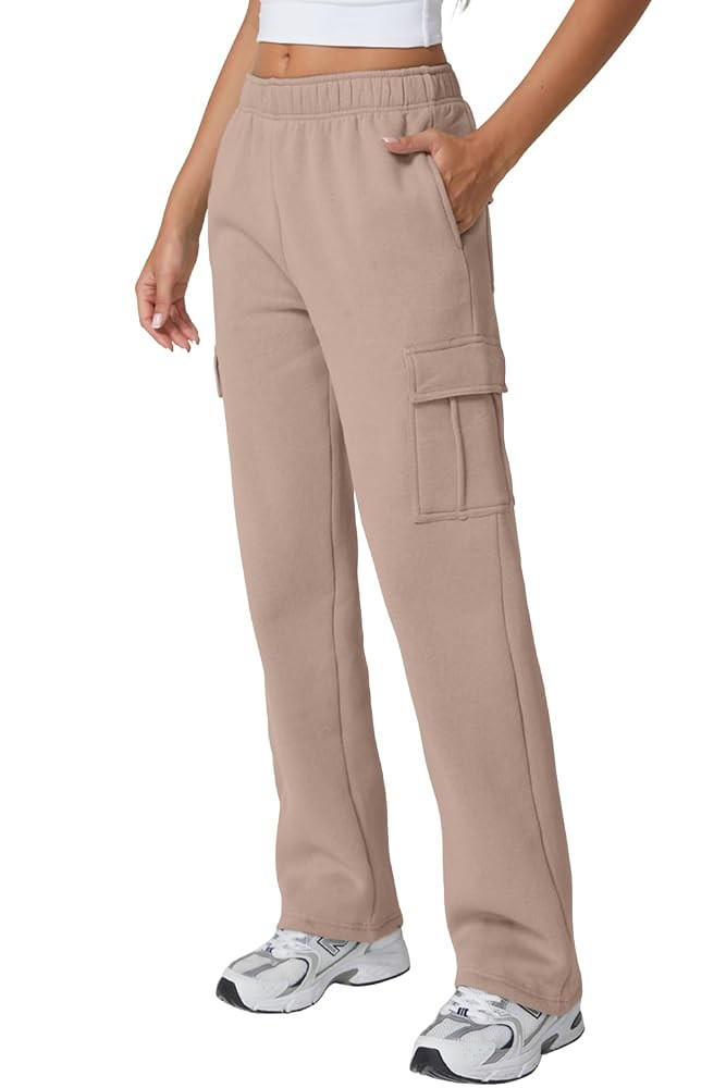 QINSEN Womens Medium Waist Baggy Elastic Waist Sweatpants Casual Fleece Long Pants with Pockets | Amazon (US)