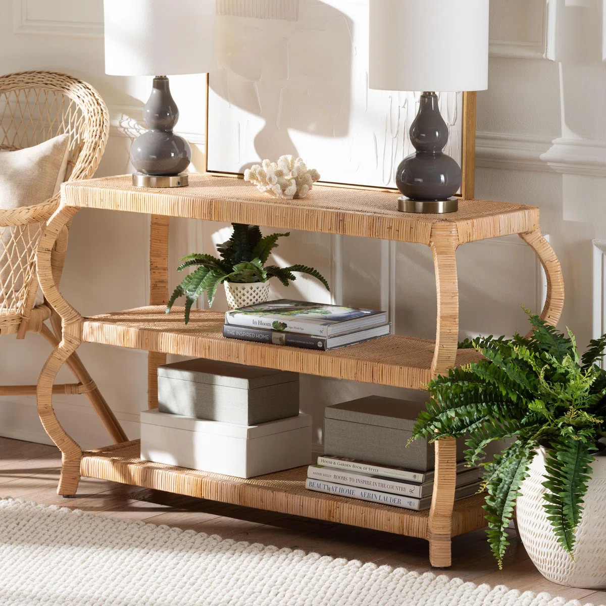 Cecely Bohemian Natural Rattan 3-Tier Console Table | Wayfair North America