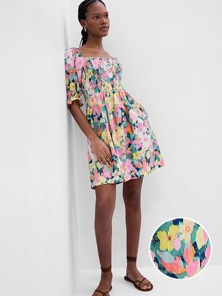 Puff Sleeve Linen-Blend Floral Mini Dress | Gap (US)